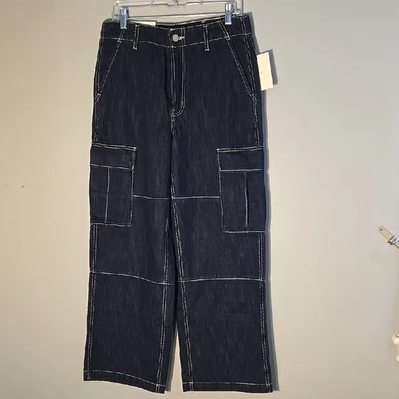 Oak   Fort Dark Blue Mid-Rise Long Length Organic Cotton Cargo Jeans Size 28
