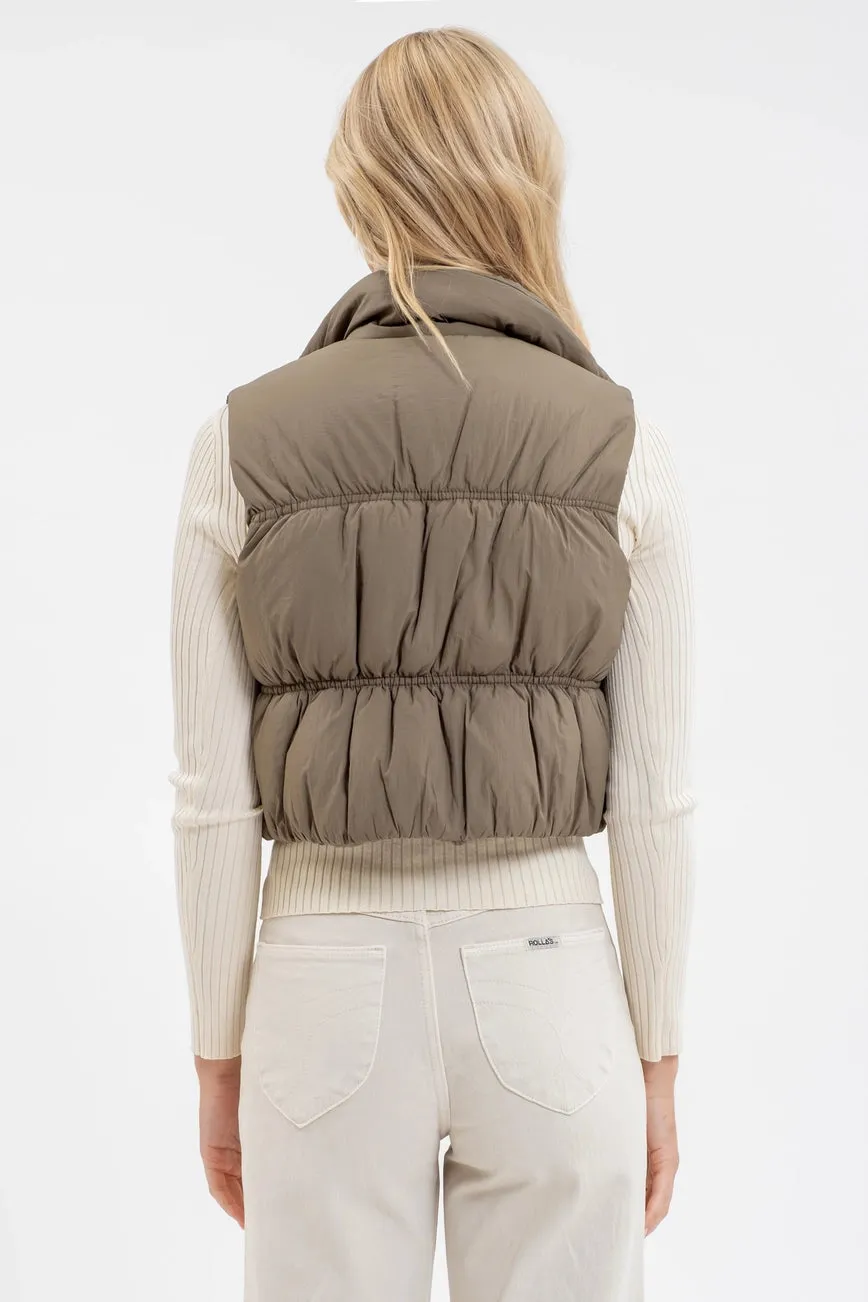 Olive Collared Zip Up Cropped Puffer Vest