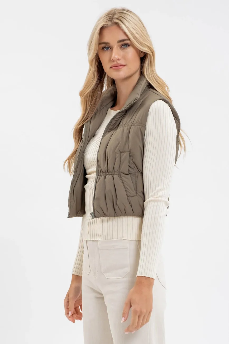 Olive Collared Zip Up Cropped Puffer Vest