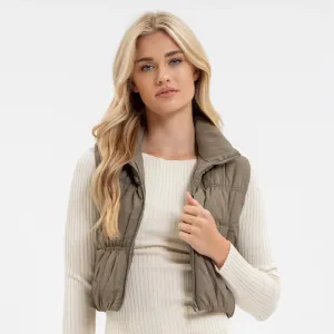 Olive Collared Zip Up Cropped Puffer Vest