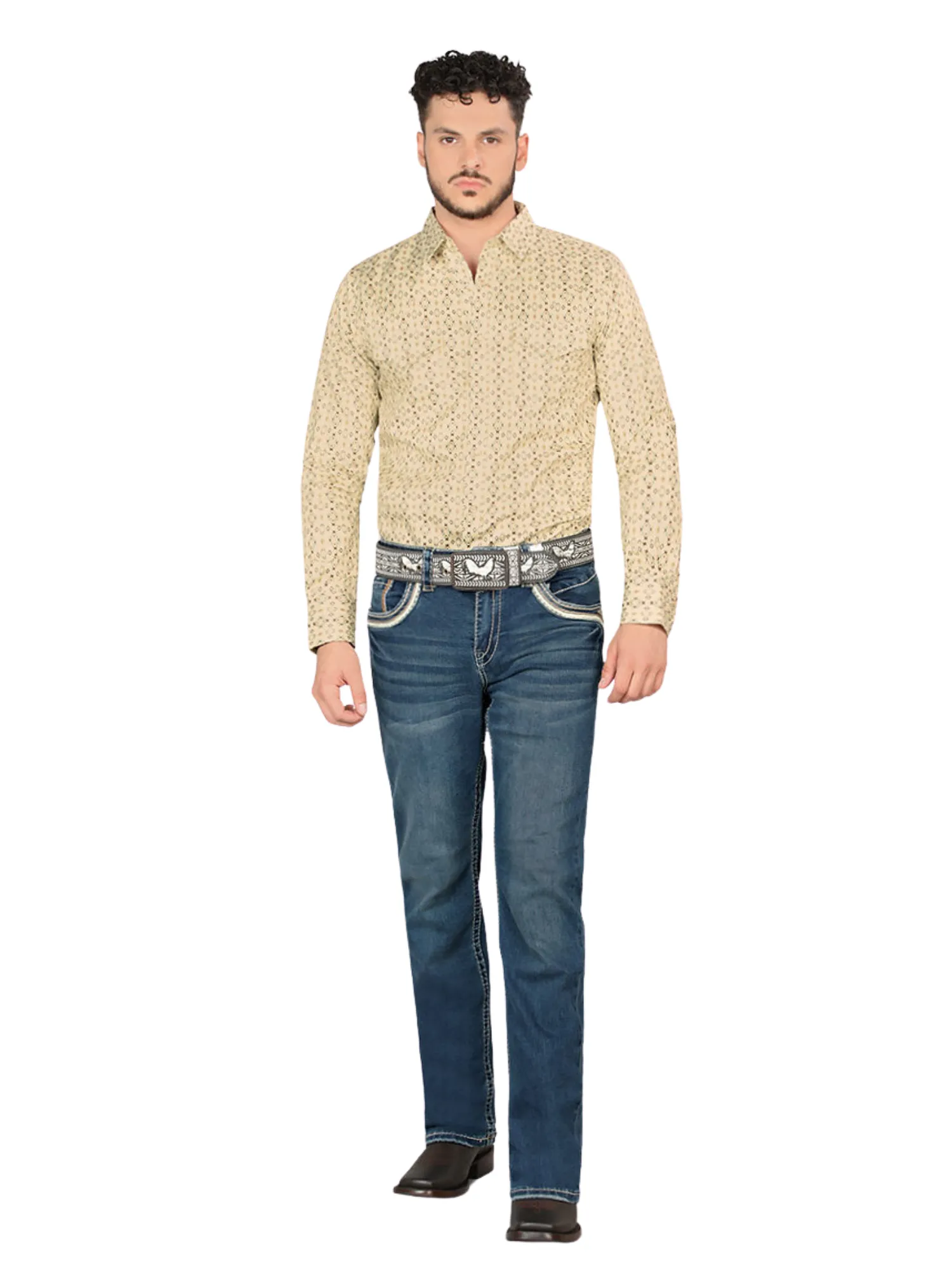 Pantalon Vaquero de Mezclilla Bordado Stretch Boot Cut para Hombre 'Montero' - ID: 4618