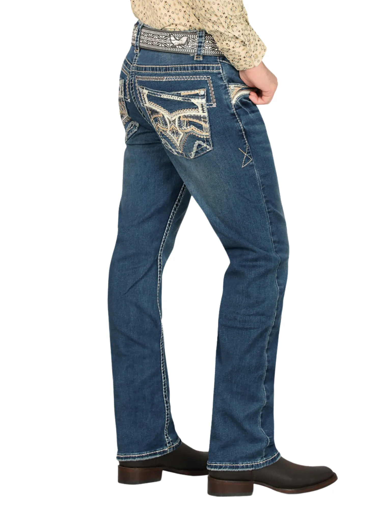 Pantalon Vaquero de Mezclilla Bordado Stretch Boot Cut para Hombre 'Montero' - ID: 4618