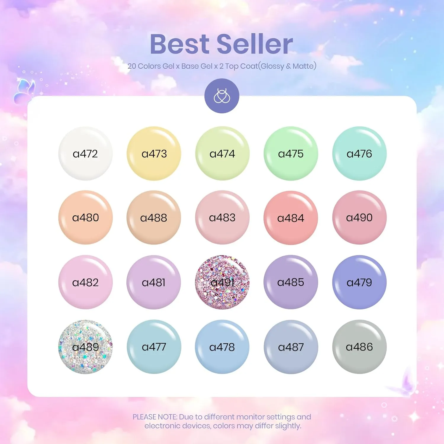 Pastel Paradise - 20 Gel Colors Set with Top and Base Coat (5ml/Each)