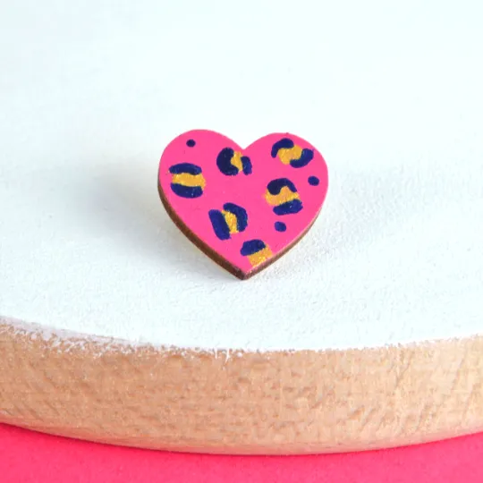 Pink Leopard Small Heart Brooch
