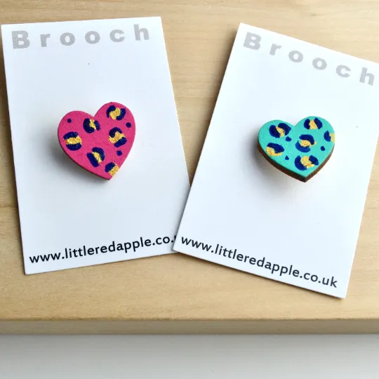Pink Leopard Small Heart Brooch