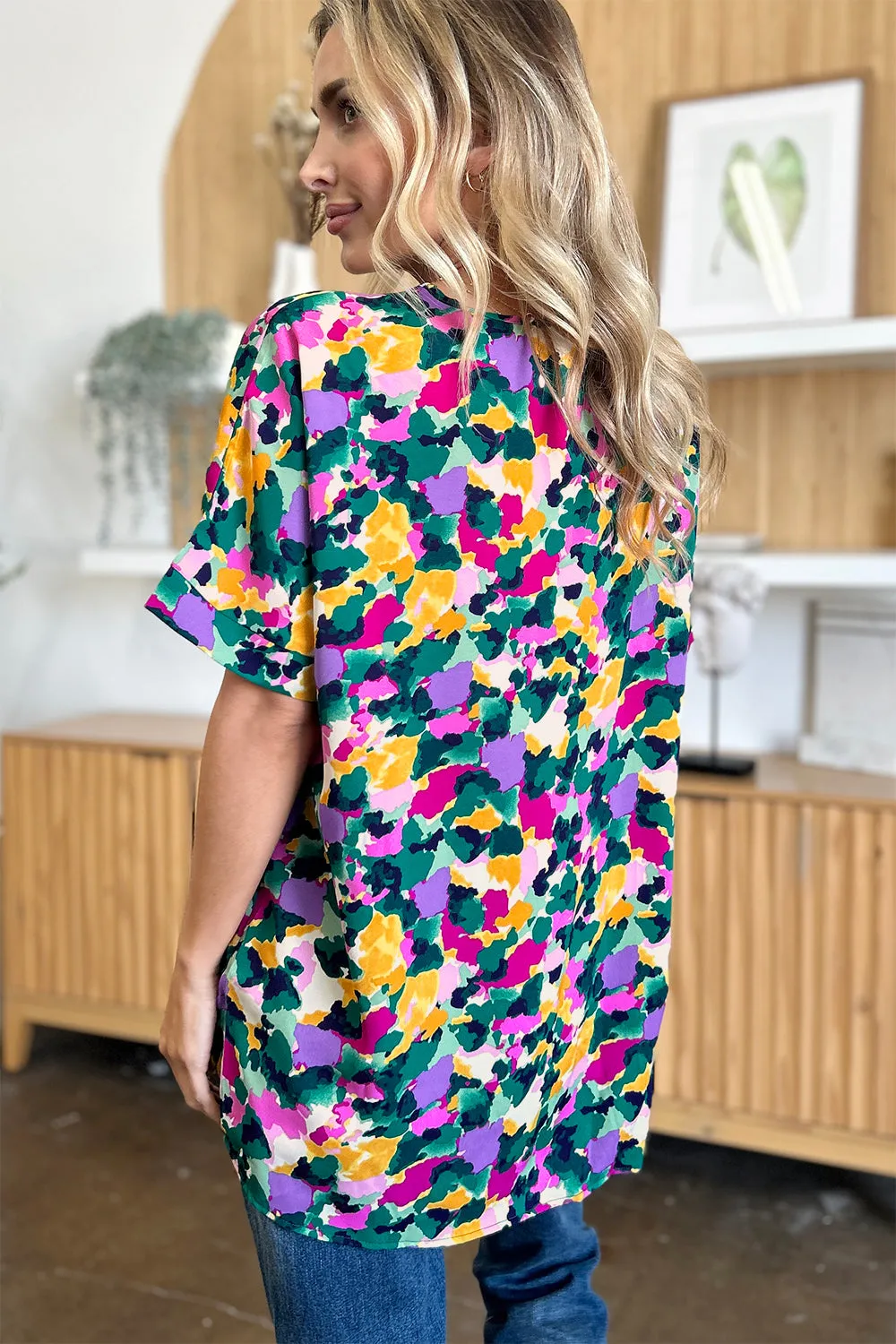 Printed V-Neck Short Sleeve Side Slit Top