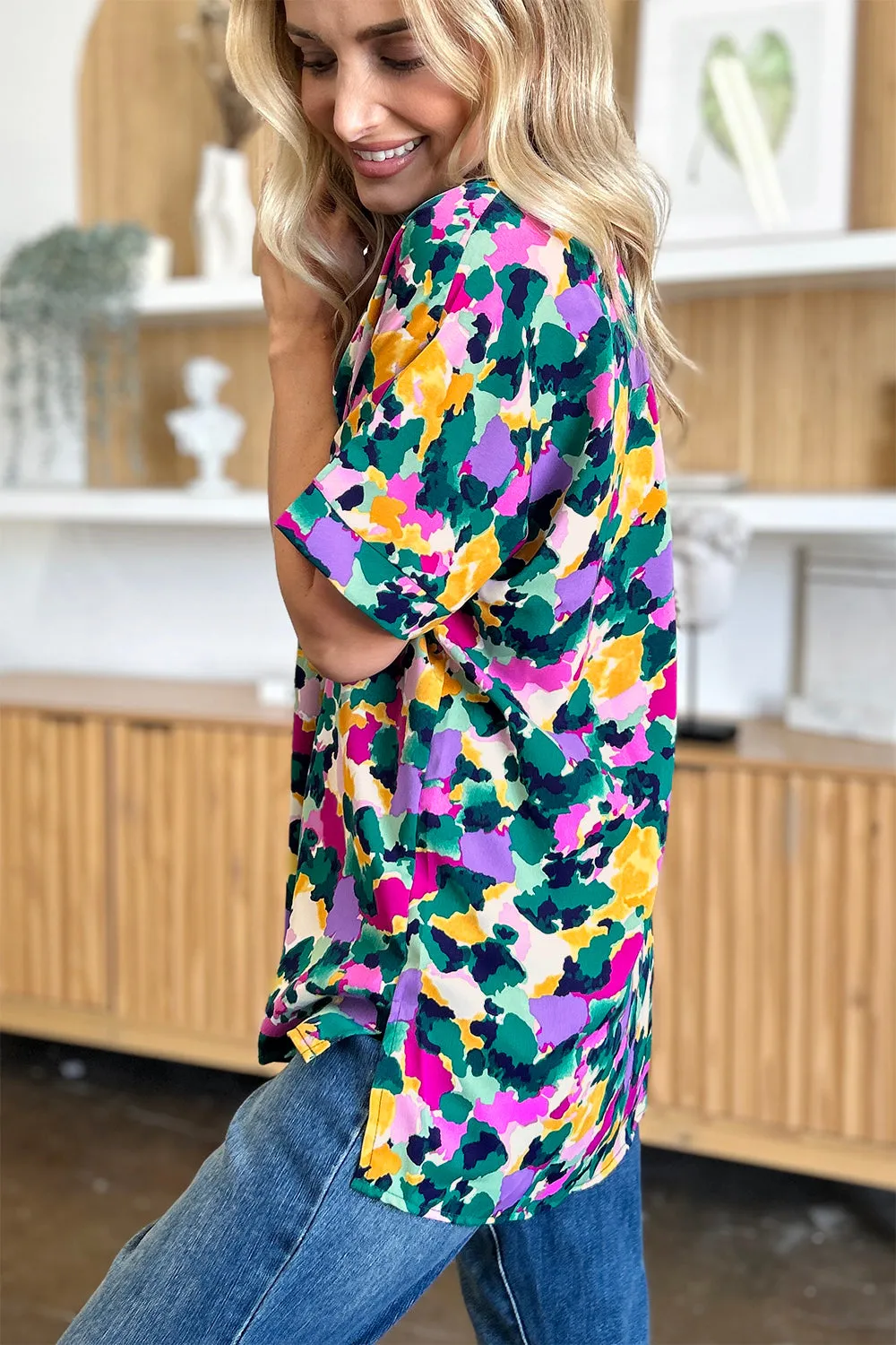 Printed V-Neck Short Sleeve Side Slit Top