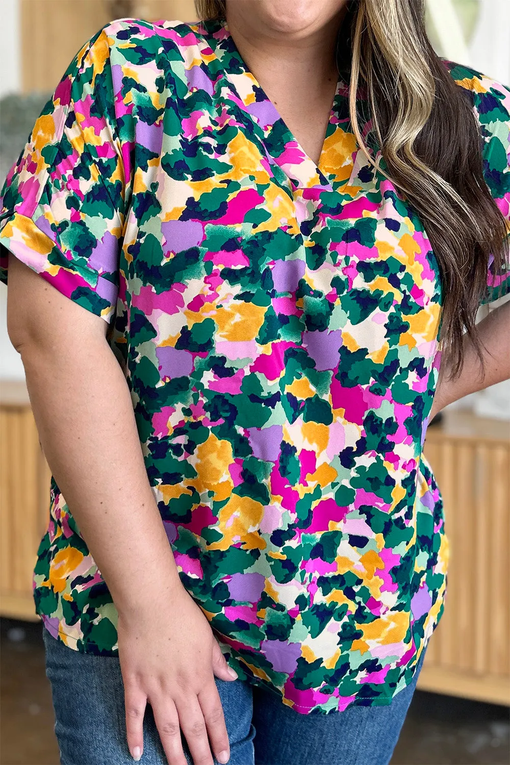Printed V-Neck Short Sleeve Side Slit Top