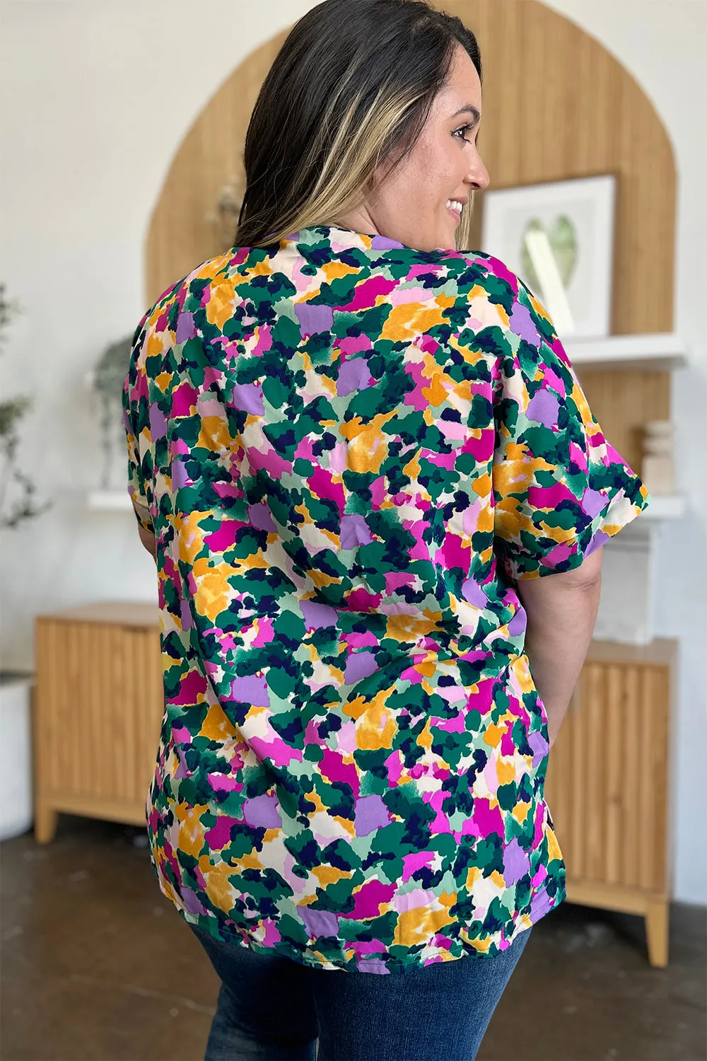 Printed V-Neck Short Sleeve Side Slit Top