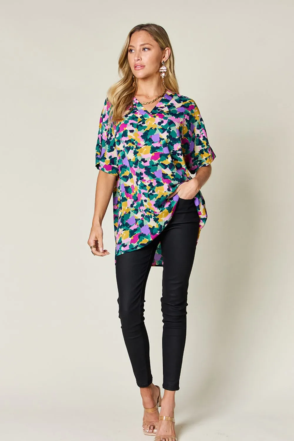 Printed V-Neck Short Sleeve Side Slit Top