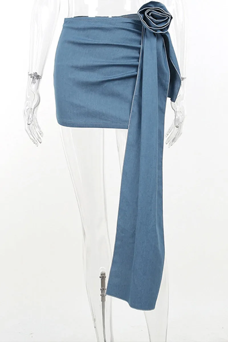 QR3128 Ruffle Rose Denim Skirt