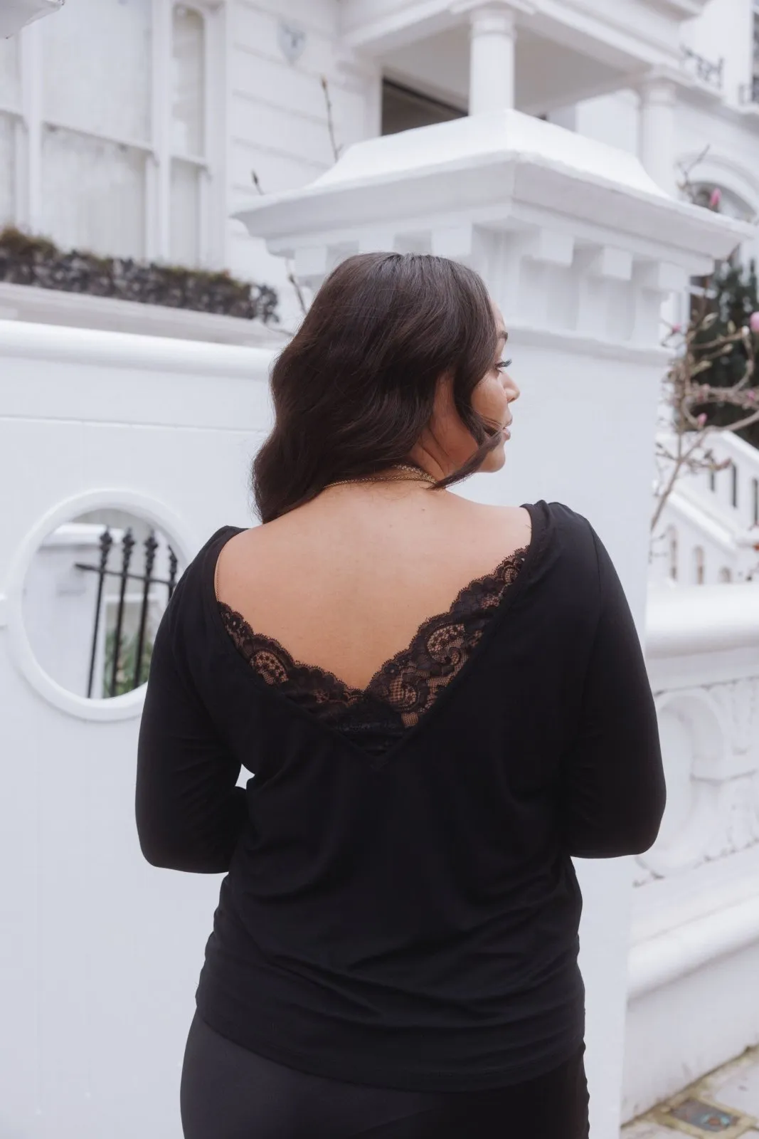 "The Marykate Longsleeve"- Lace Back Detail V-neck T-shirt (Black)