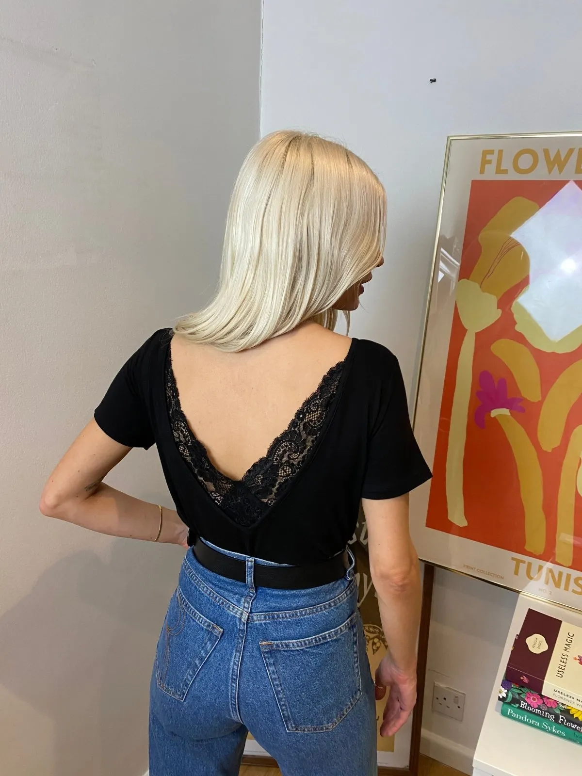 "The Marykate"- Lace Back Detail V-neck T-shirt (Black)