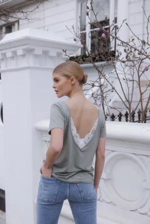 "The Marykate"- Lace Back Detail V-Neck T-shirt (Pistachio)