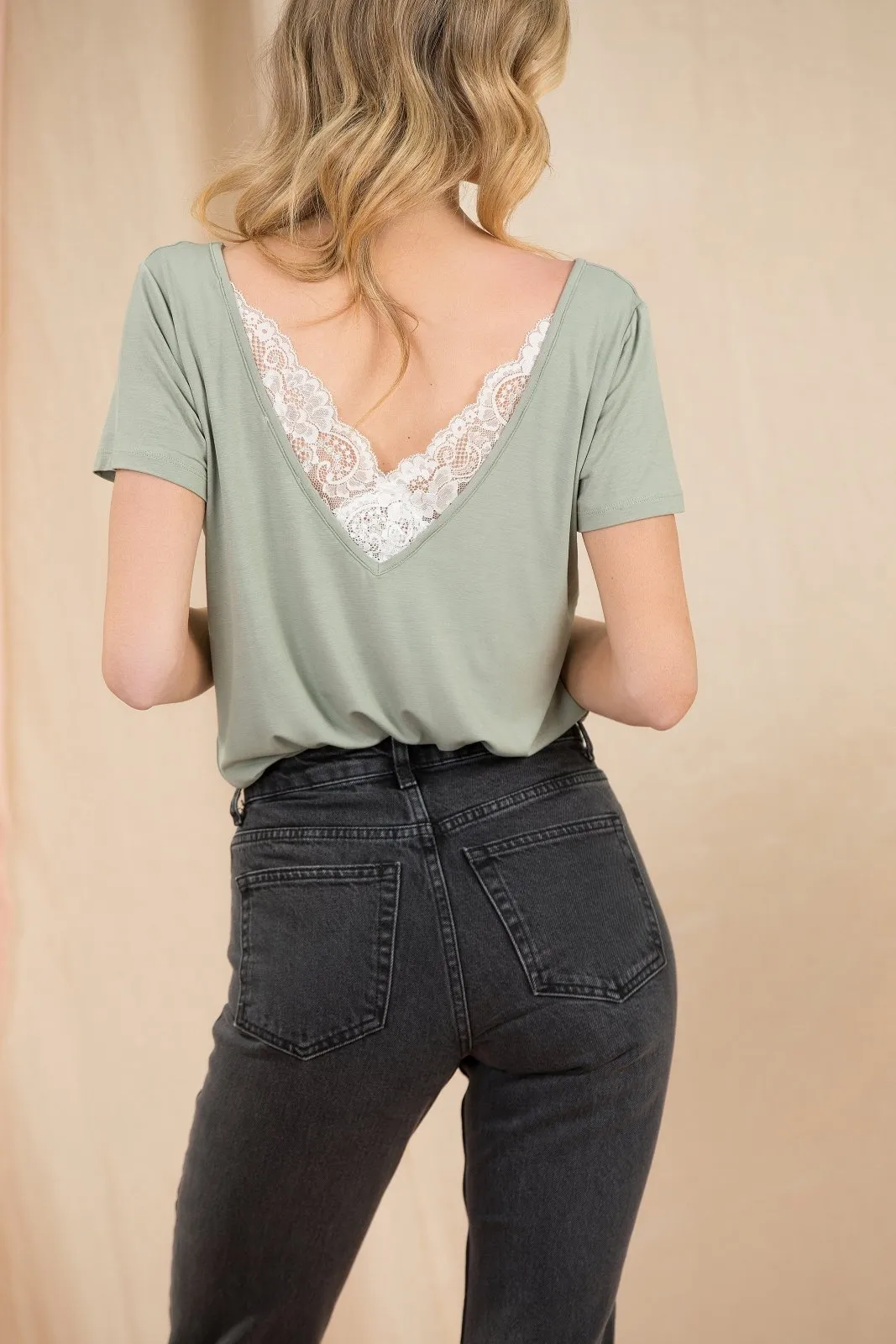 "The Marykate"- Lace Back Detail V-Neck T-shirt (Pistachio)