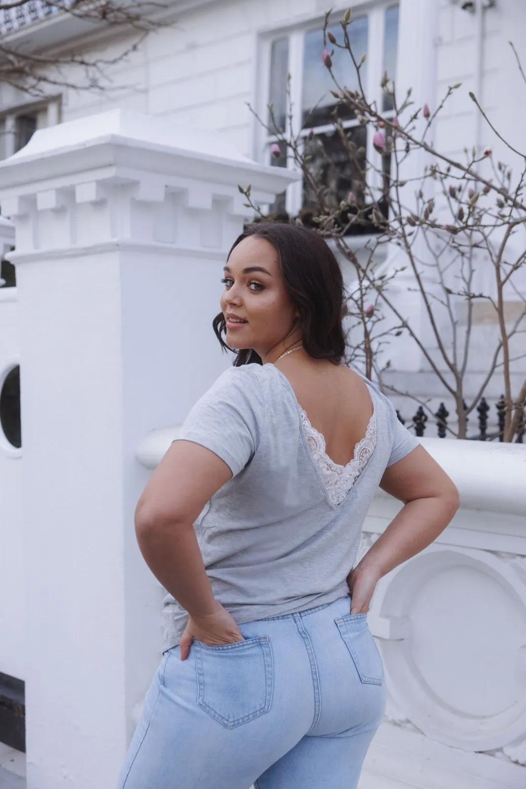 "The Sophie" - Lace Back Detail Round Neck T-shirt (Grey)