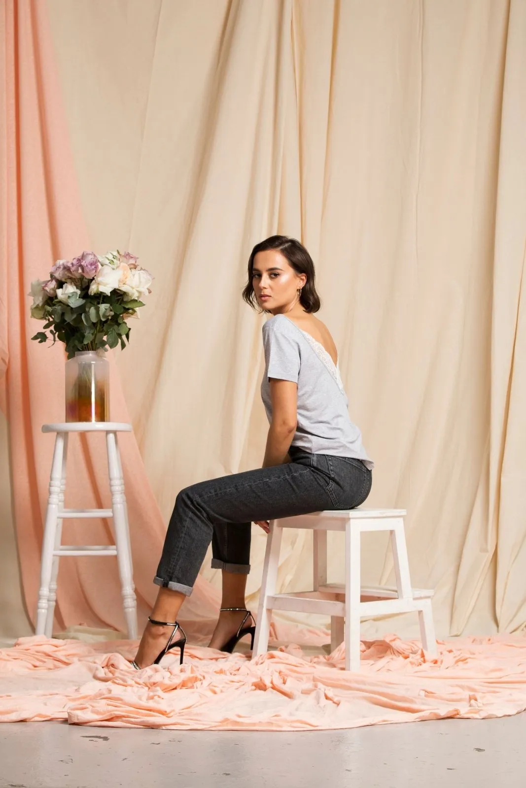"The Sophie" - Lace Back Detail Round Neck T-shirt (Grey)