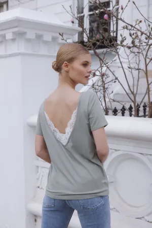 "The Sophie" - Lace Back Detail Round Neck T-shirt (Pistachio)
