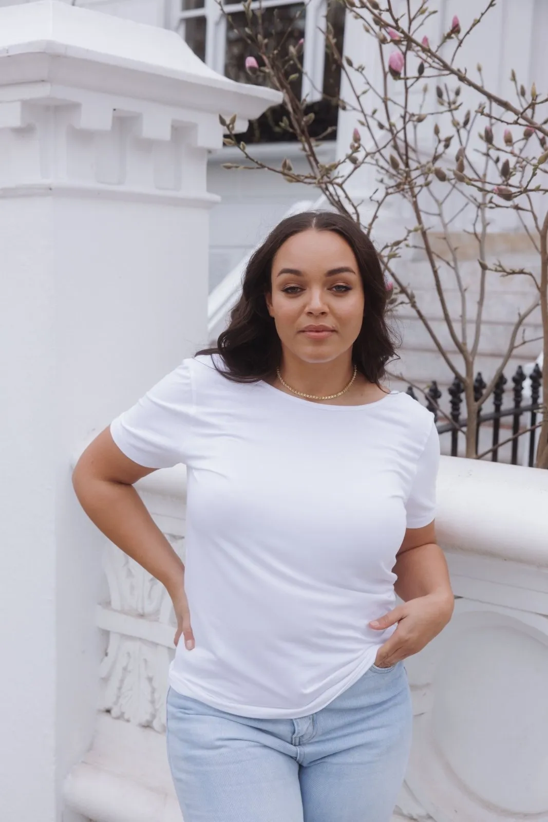 "The Sophie" - Lace Back Detail Round Neck T-shirt (White)