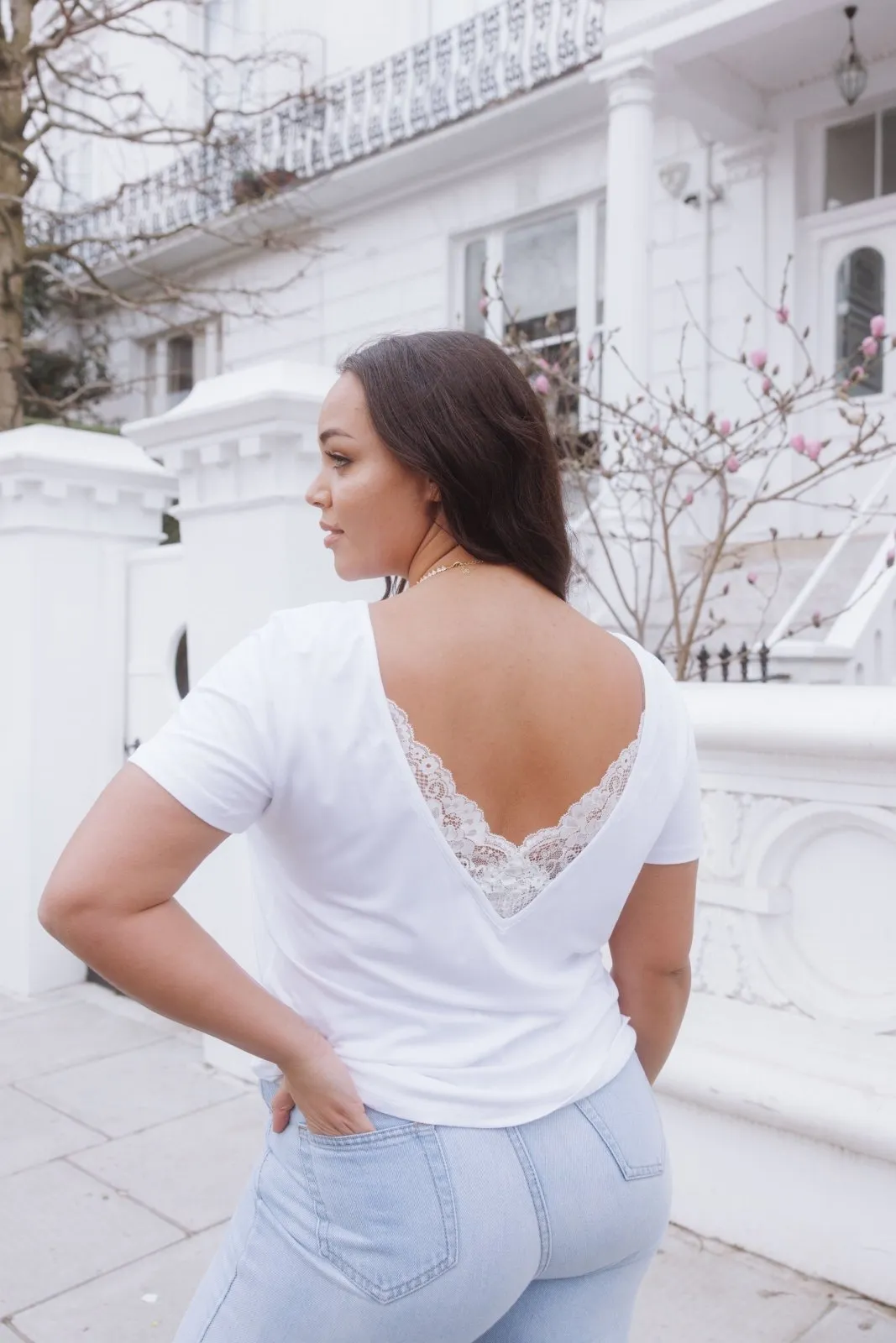 "The Sophie" - Lace Back Detail Round Neck T-shirt (White)
