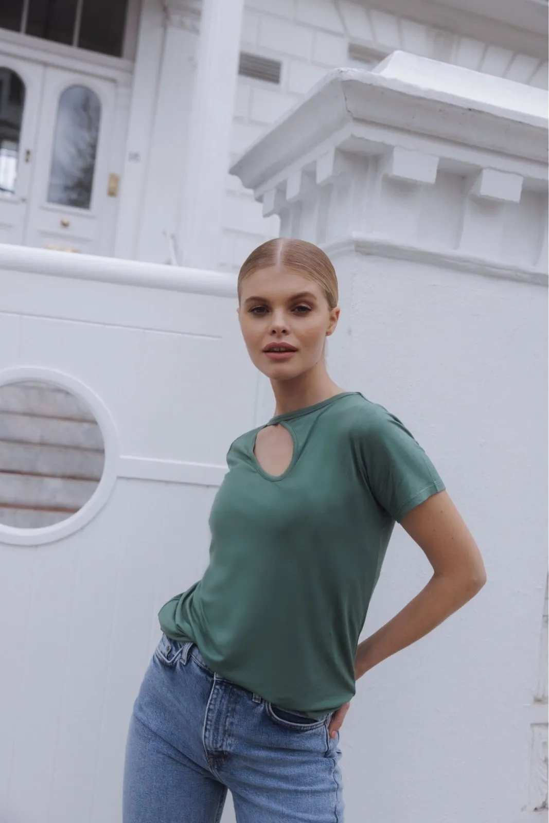 "The Stefanie Shortsleeve"- Cut Out Detail T-shirt (Khaki)