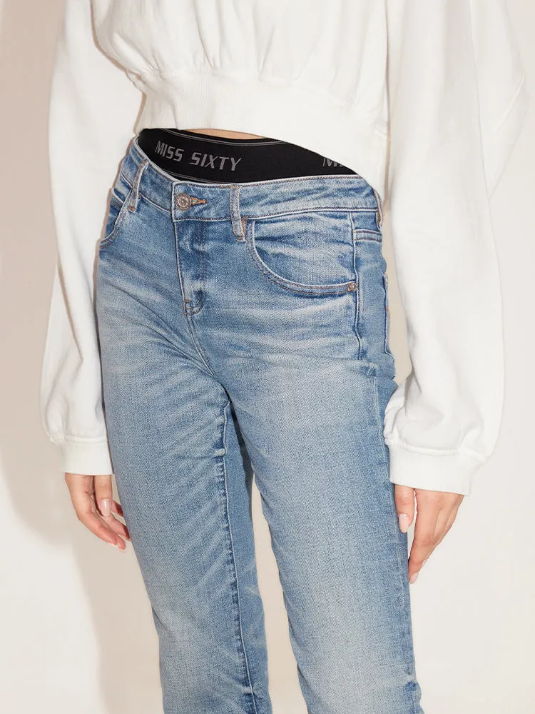 Retro Blue Stitching Double Waist Slim Bootcut Pant