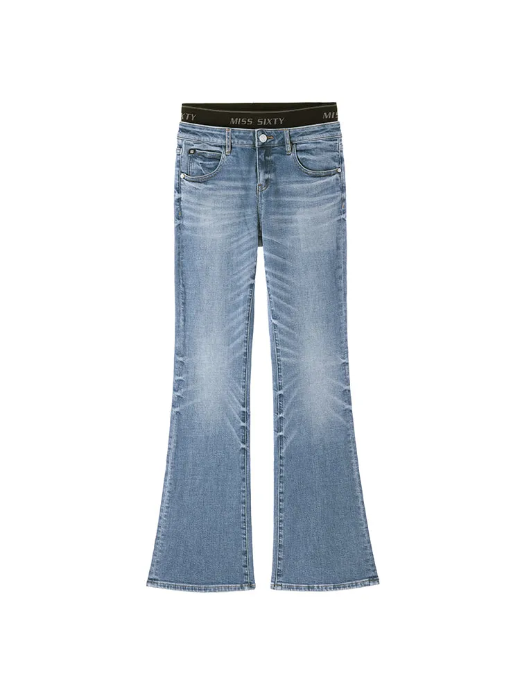 Retro Blue Stitching Double Waist Slim Bootcut Pant