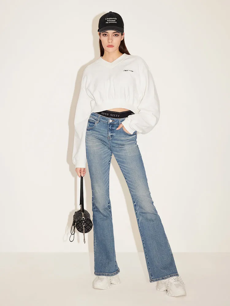 Retro Blue Stitching Double Waist Slim Bootcut Pant