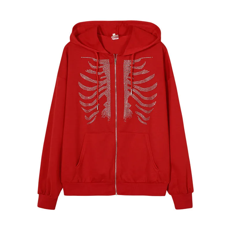 Rhinestone Skull Zip-Up Hoodie