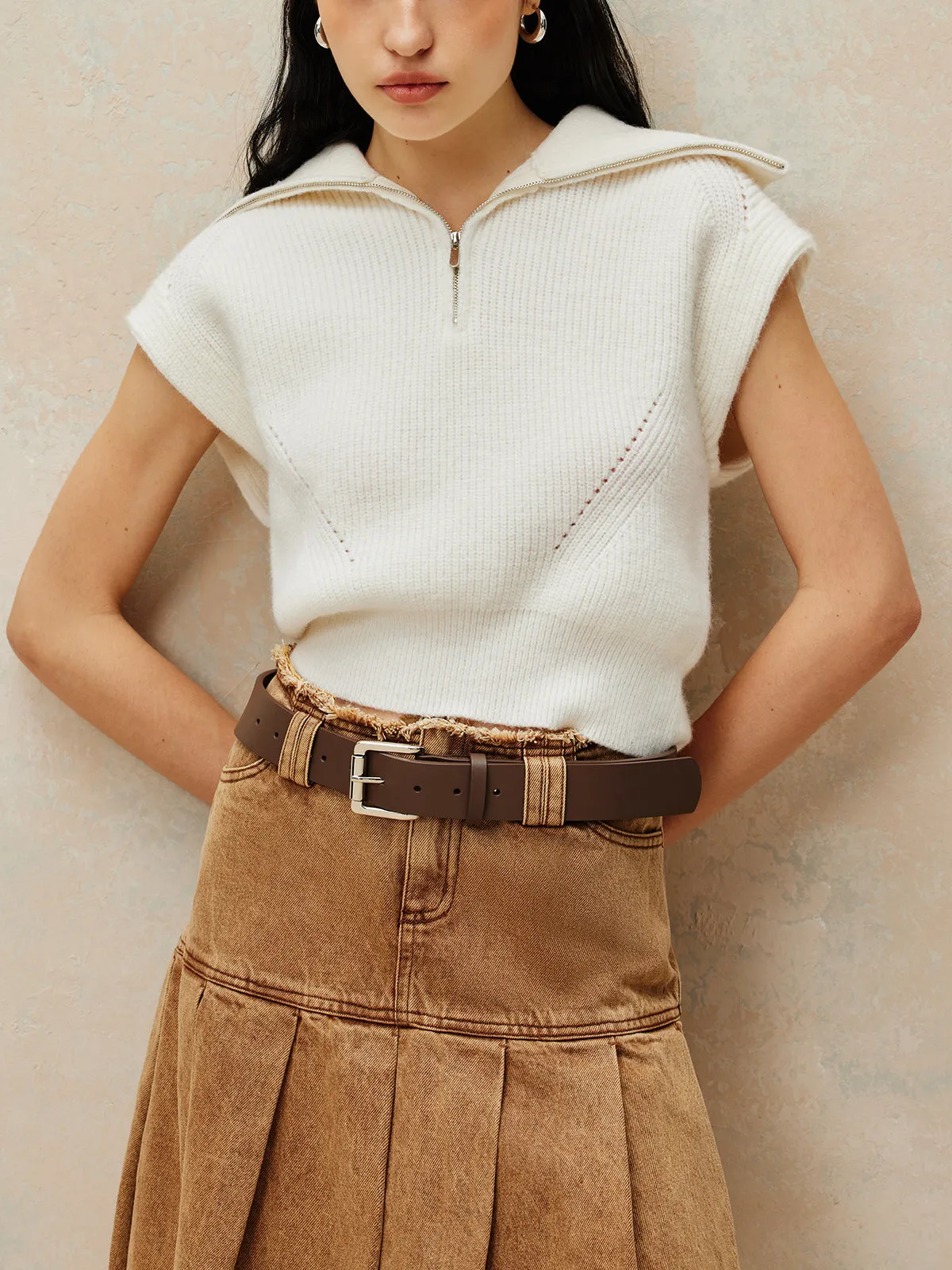 Ribbed Lapel Zipper Sweater Vest