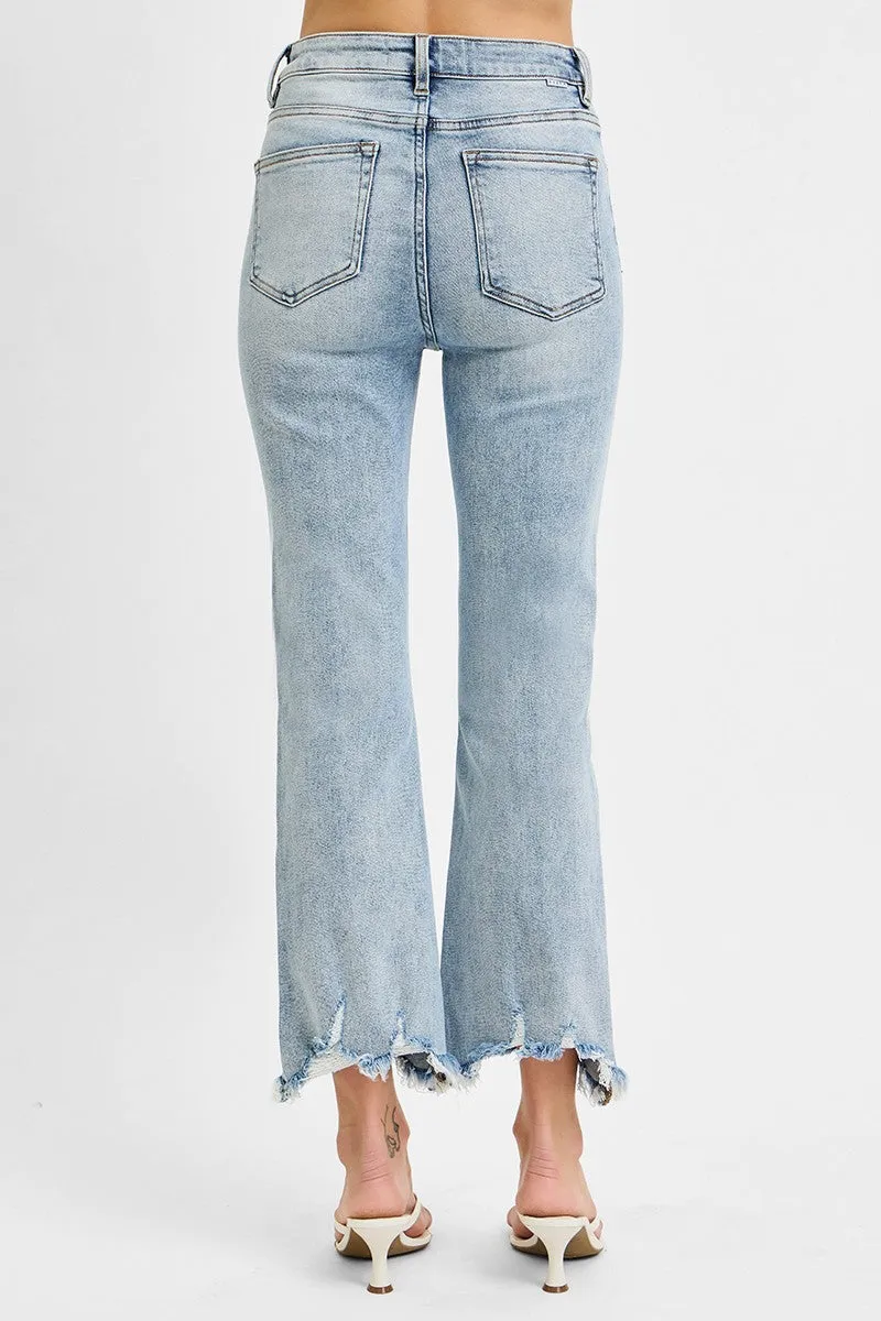 RISEN HIGH RISE CROP FLARE FRAYED HEM JEANS