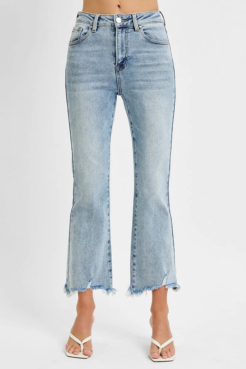 RISEN HIGH RISE CROP FLARE FRAYED HEM JEANS