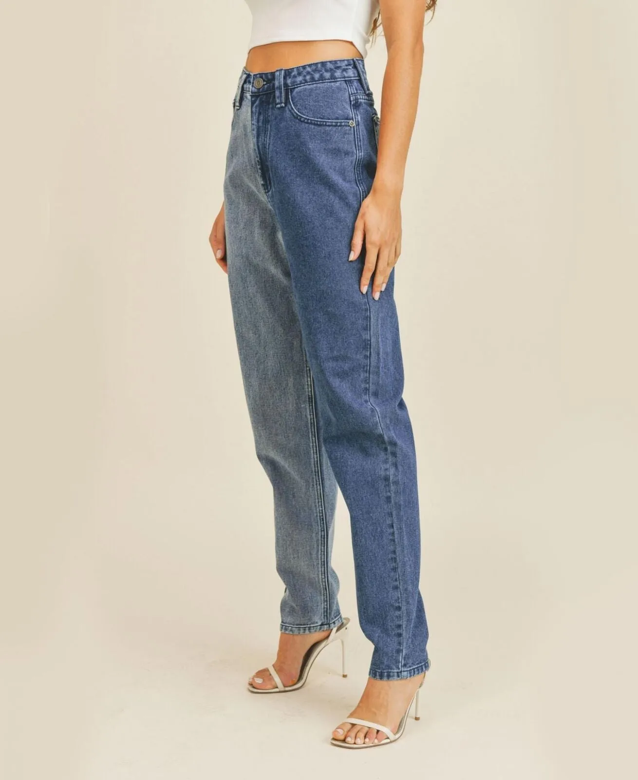 Rubberband Stretch Women's Two Tone Boyfriend Jeans 6R20087-BLU