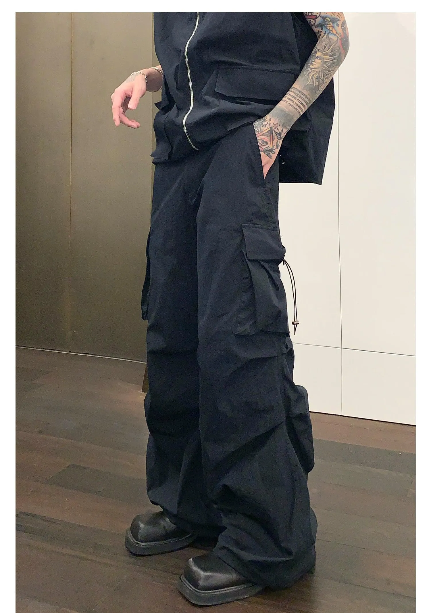 Sleeveless Hooded Nylon Jacket & Cargo Pants