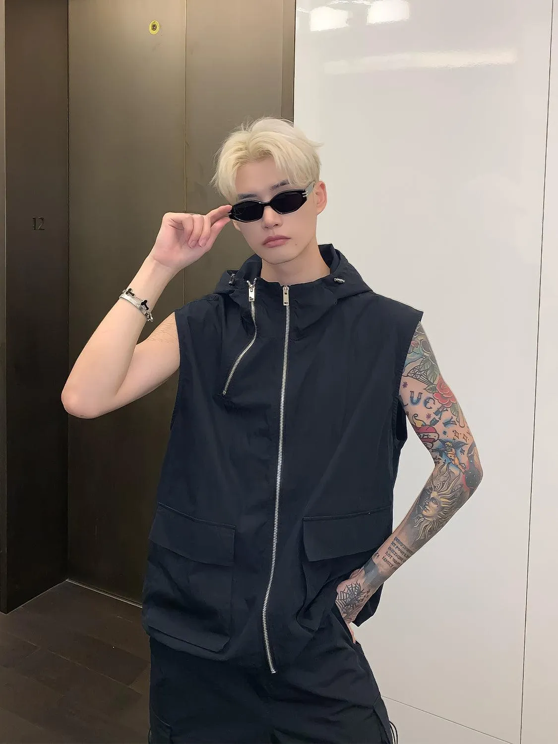 Sleeveless Hooded Nylon Jacket & Cargo Pants