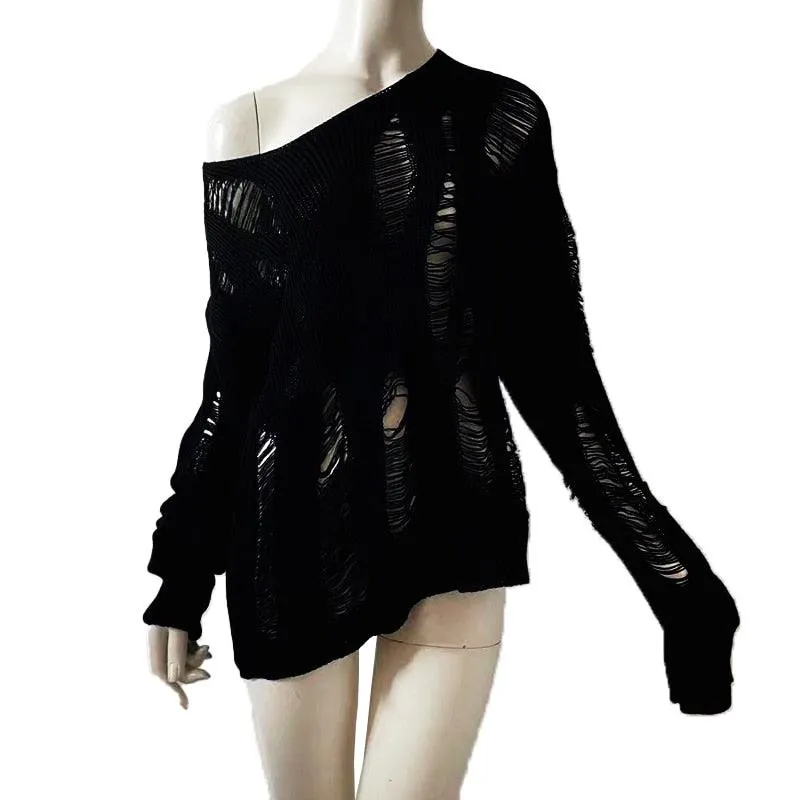 Split Hole Knit Sweater Gothic Lady Hollow Out Cool Pullover