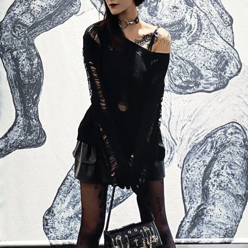 Split Hole Knit Sweater Gothic Lady Hollow Out Cool Pullover