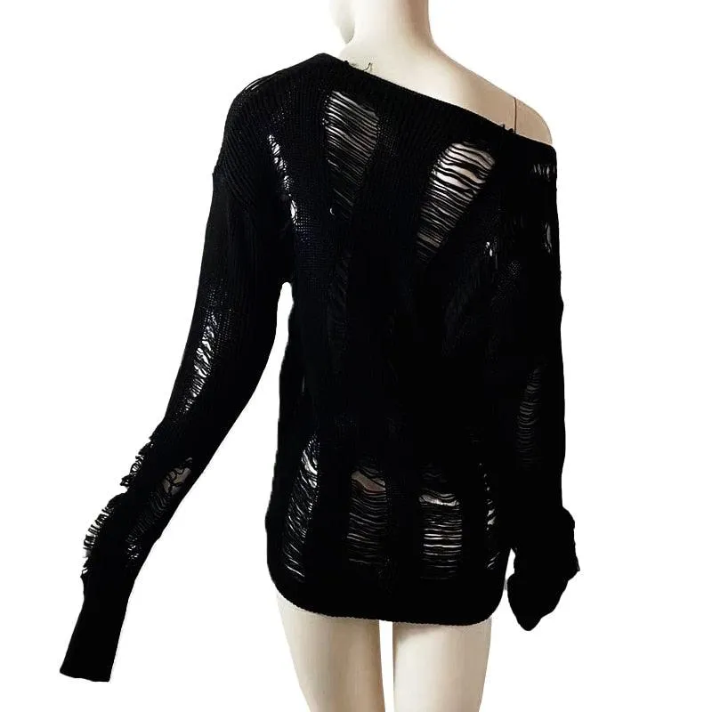 Split Hole Knit Sweater Gothic Lady Hollow Out Cool Pullover