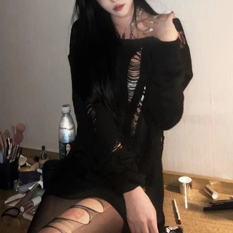 Split Hole Knit Sweater Gothic Lady Hollow Out Cool Pullover