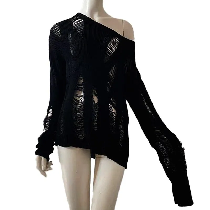 Split Hole Knit Sweater Gothic Lady Hollow Out Cool Pullover
