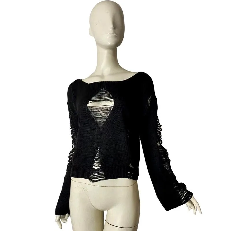 Split Hole Knit Sweater Gothic Lady Hollow Out Cool Pullover