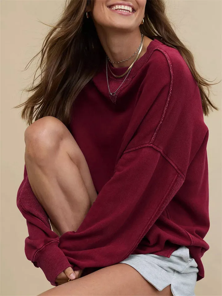 Sports Style Loose Solid Color Pullover Sweatshirt for Women