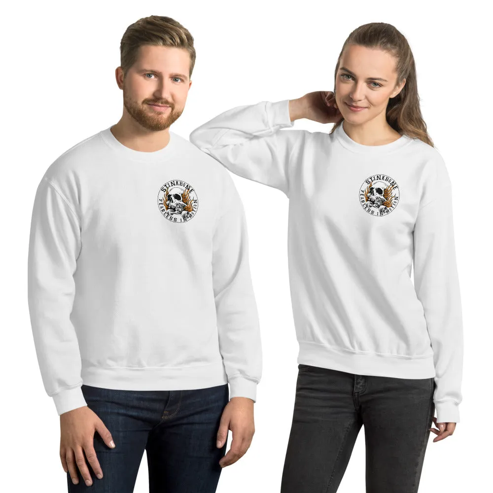 StinkBone Flaming Skull Unisex Sweatshirt Black lettering