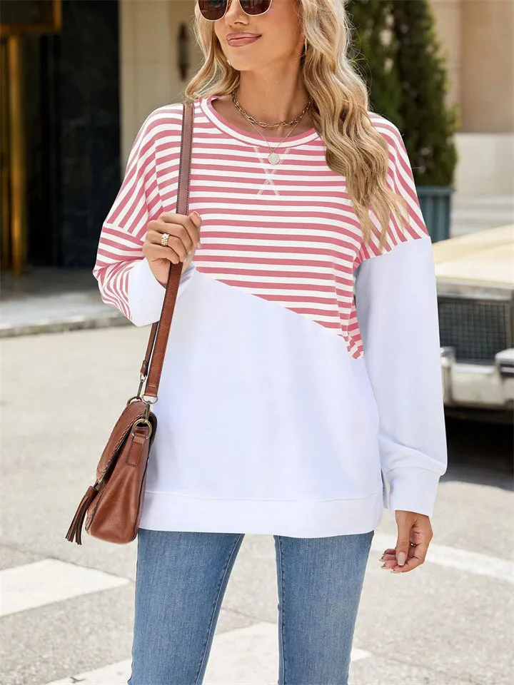 Stripe & Solid Color Round Neck Loose Sweatshirt for Female