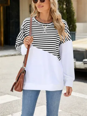 Stripe & Solid Color Round Neck Loose Sweatshirt for Female
