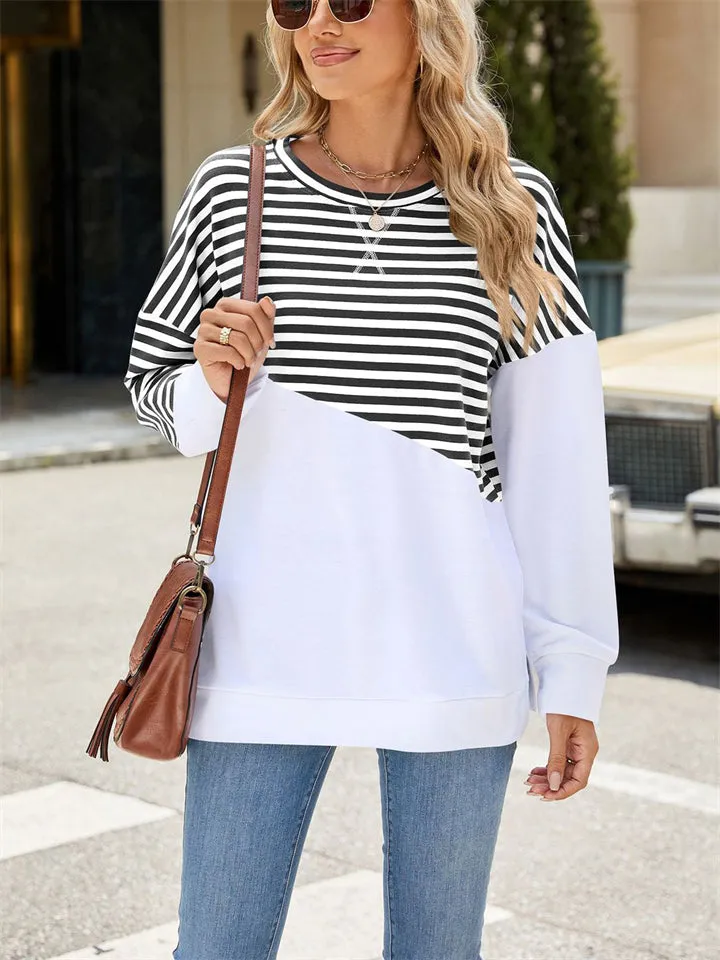 Stripe & Solid Color Round Neck Loose Sweatshirt for Female