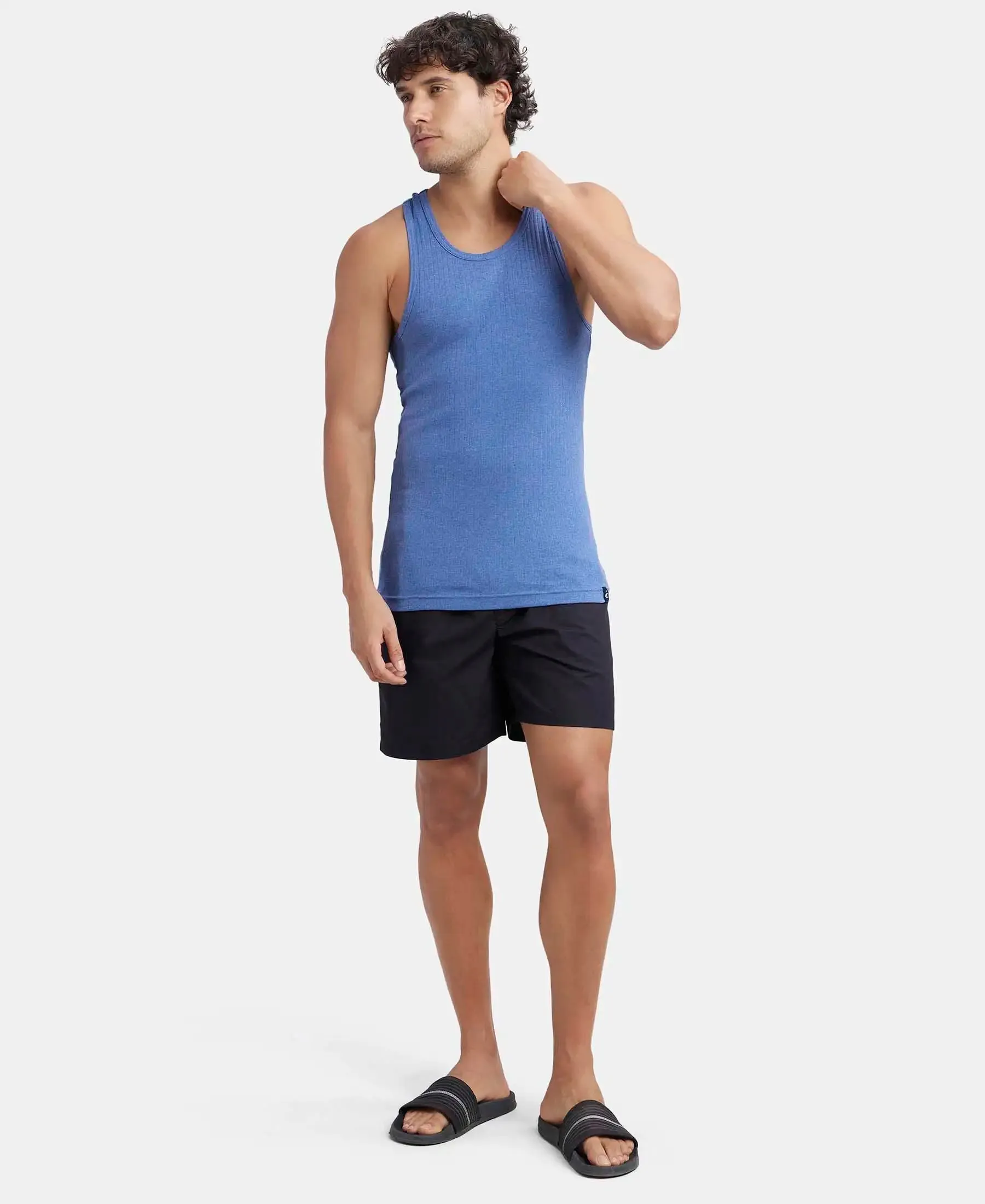 Super Combed Cotton Rib Round Neck with Racerback Gym Vest - Light Denim Melange