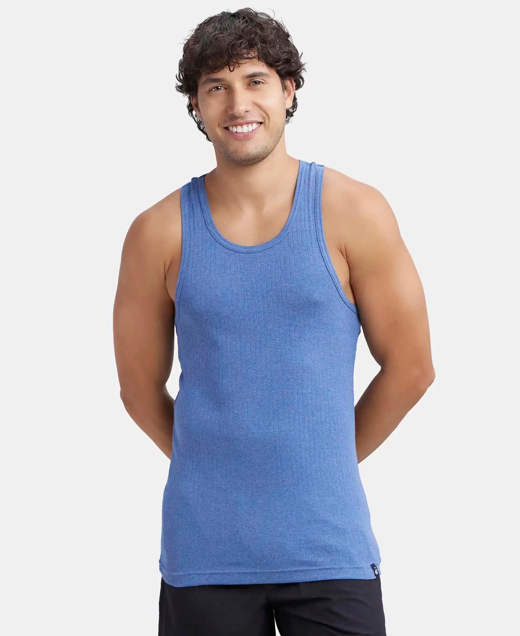 Super Combed Cotton Rib Round Neck with Racerback Gym Vest - Light Denim Melange
