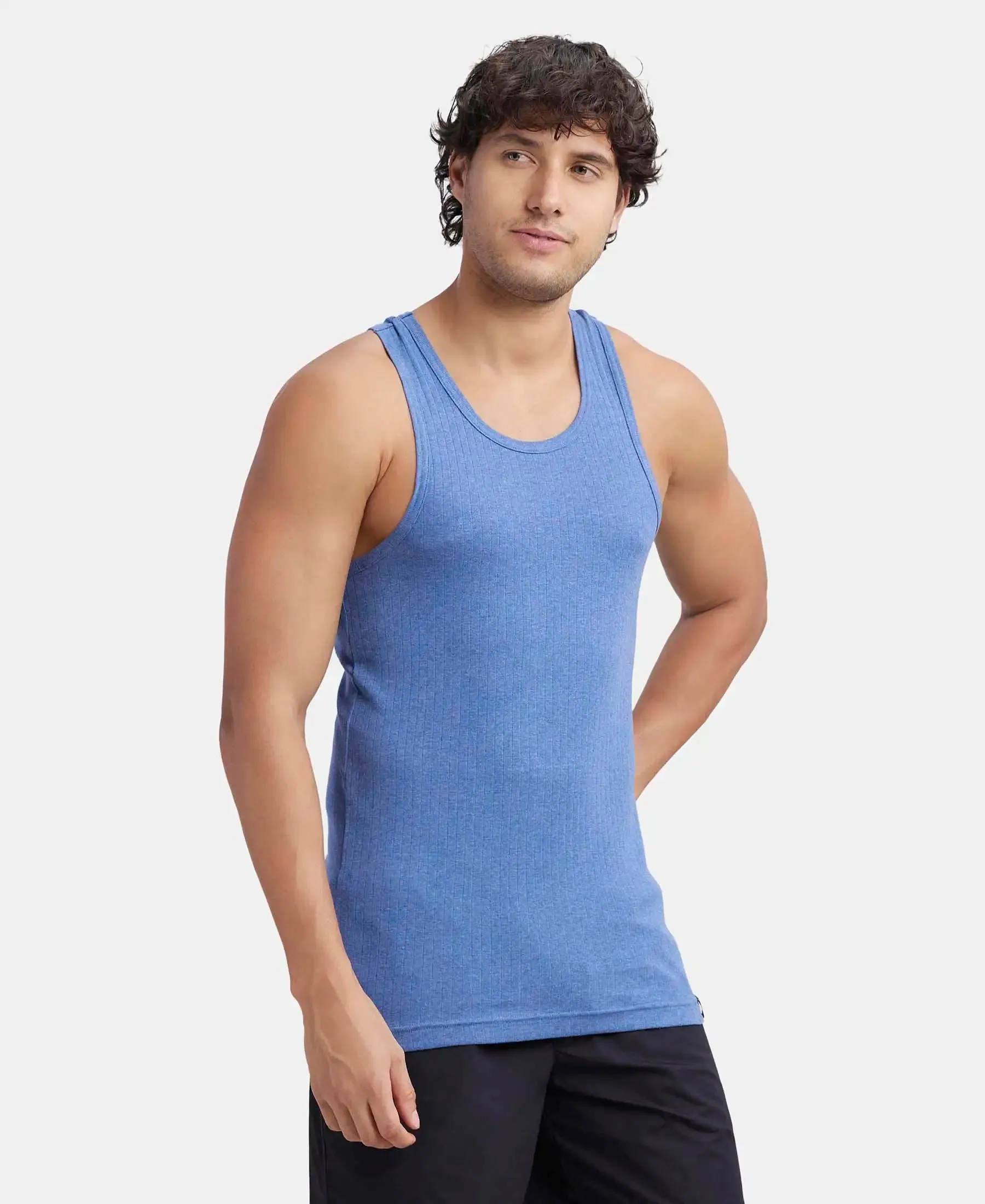 Super Combed Cotton Rib Round Neck with Racerback Gym Vest - Light Denim Melange