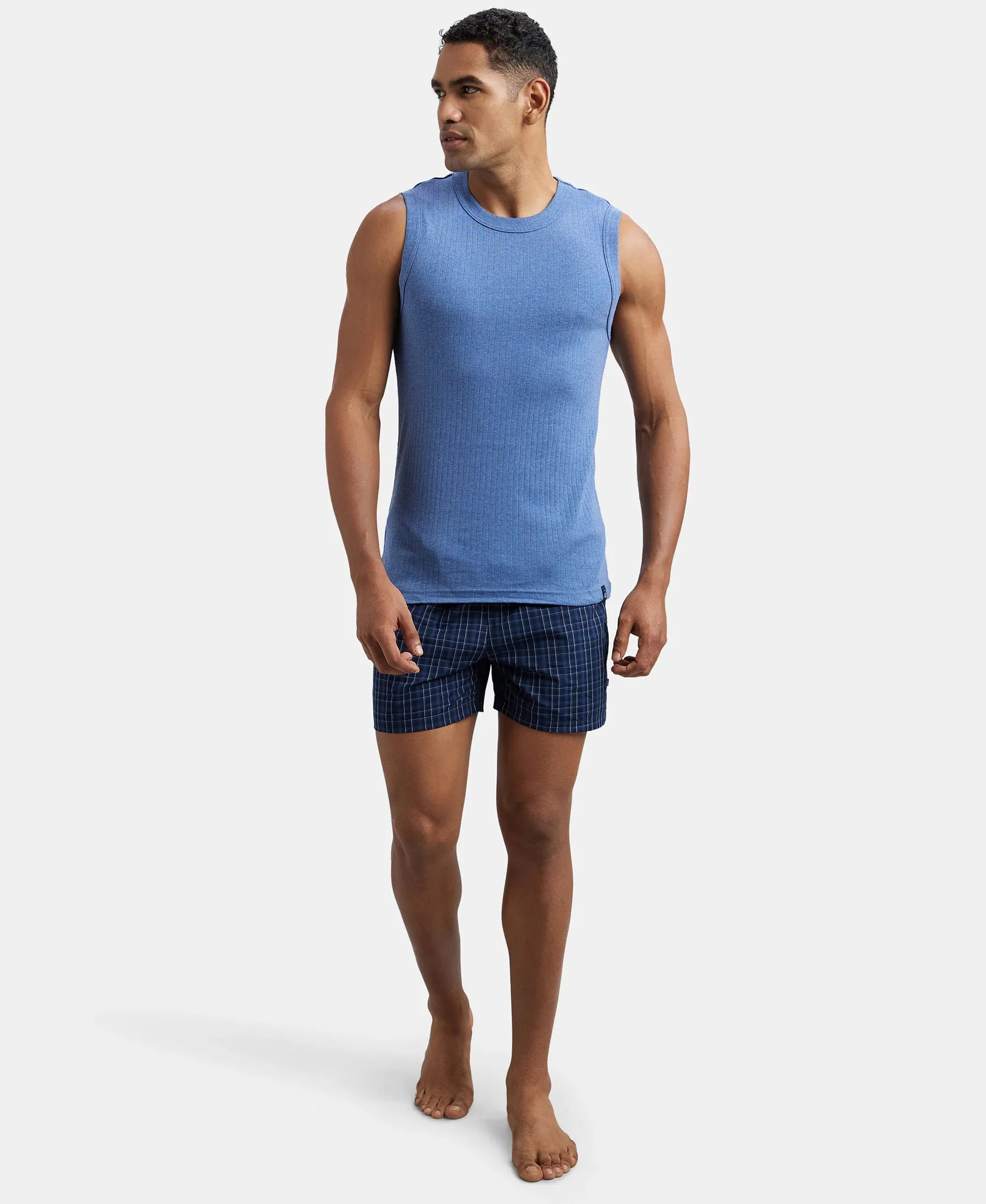 Super Combed Cotton Rib Solid Round Neck Muscle Vest - Light Denim Melange